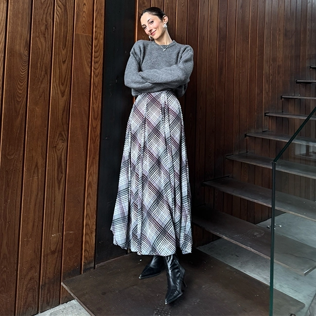 WIDE FLORATED SKIRT PLAID CLARET RED